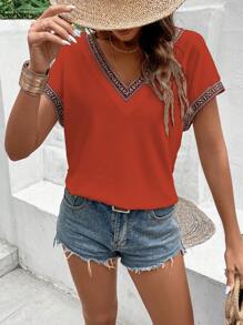SHEIN LUNE 織帶拼接蝙蝠袖T恤 - 橘色 - 查看 3