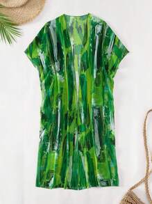 Swim Vcay Allover Print Open Front Kimono,Summer Beach - Green - View 3