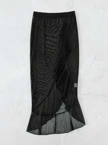 Ruffle Trim Mesh Cover Up Skirt - Black - View 4