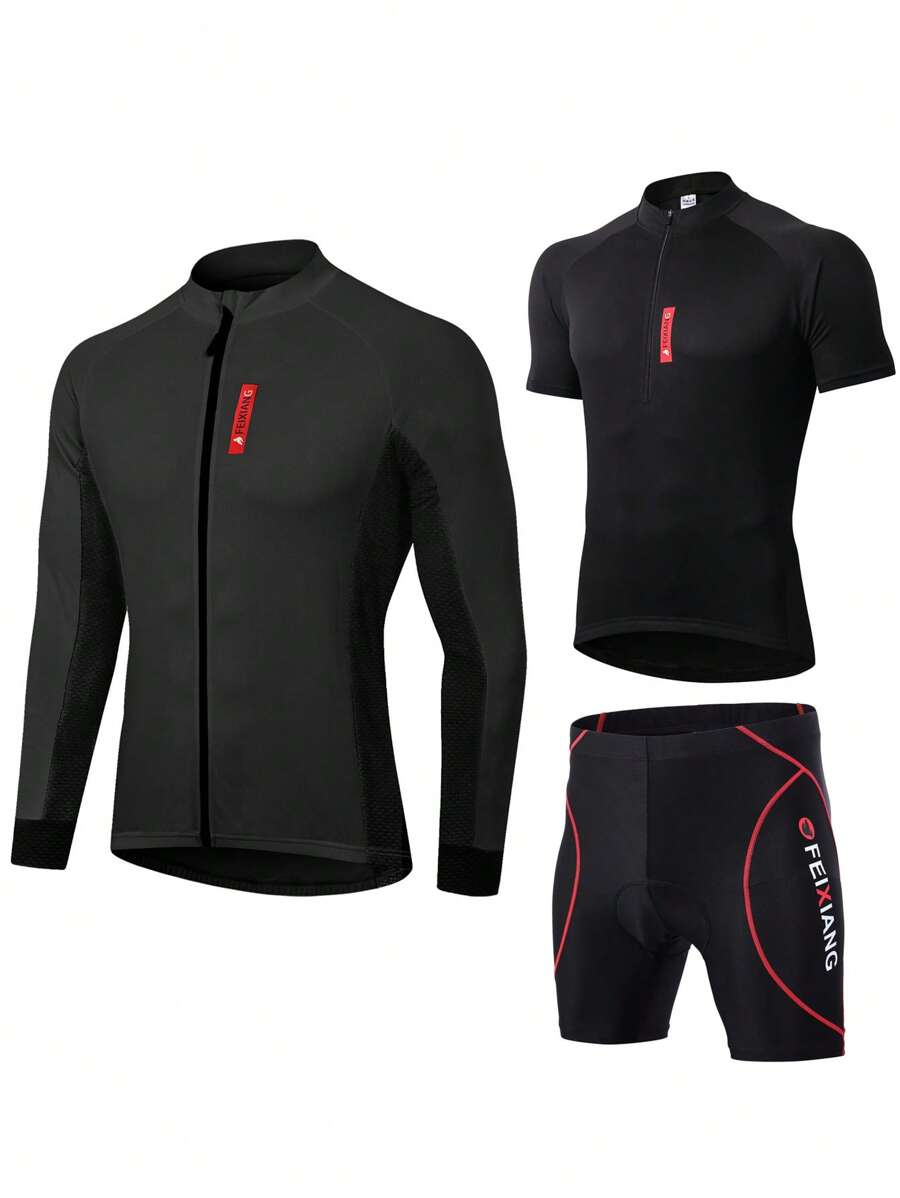 Men 3pcs Letter Graphic Zip Up Sports Set Gym Clothes Men, Athletic Suit, Tracksuit - Black - View 1
