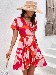 SHEIN VCAY Allover Print Knot Side Wrap Dress - Multicolor - View 6