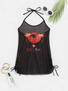 SHEIN Swim Summer Beach Letter & Tropical Print Drawstring Side Halter Cover Up Dress - Black - View 6