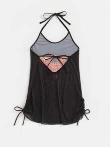 SHEIN Swim Summer Beach Letter & Tropical Print Drawstring Side Halter Cover Up Dress - Black - View 7