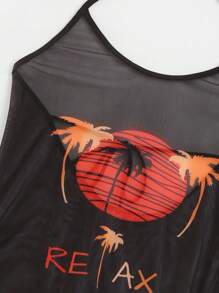 SHEIN Swim Summer Beach Letter & Tropical Print Drawstring Side Halter Cover Up Dress - Black - View 4