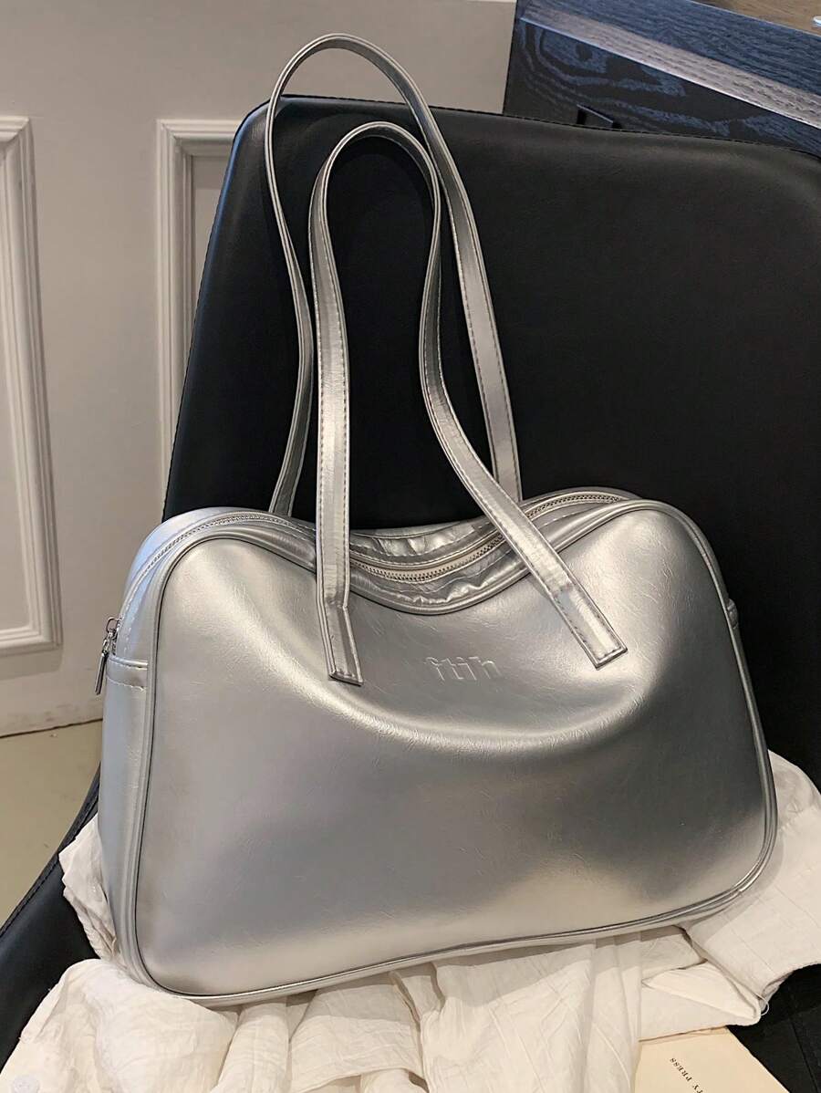 时尚大容量银色女士手提包，休闲学院风单肩包，适合学生、购物、日常使用、圣诞礼物 - 銀色 - 查看 1