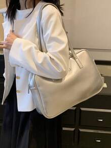 时尚大容量银色女士手提包，休闲学院风单肩包，适合学生、购物、日常使用、圣诞礼物 - 銀色 - 查看 3