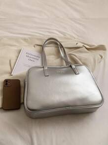 时尚大容量银色女士手提包，休闲学院风单肩包，适合学生、购物、日常使用、圣诞礼物 - 銀色 - 查看 4