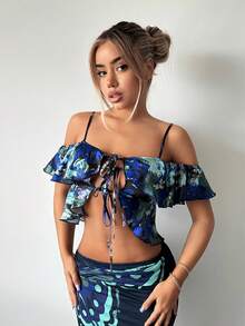 SHEIN ICON Allover Print Tie Front Ruffle Trim Crop Satin Blouse - Multicolor - View 6