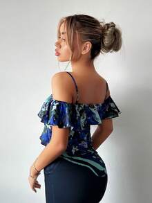 SHEIN ICON Allover Print Tie Front Ruffle Trim Crop Satin Blouse - Multicolor - View 5