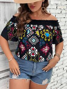 SHEIN LUNE Plus Geo Print Off Shoulder Blouse - Black - View 3