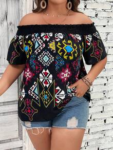 SHEIN LUNE Plus Geo Print Off Shoulder Blouse - Black - View 4