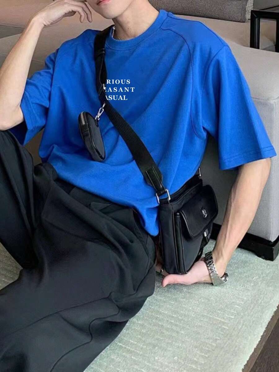 Manfinity Hypemode 男士字母圖案插肩袖T恤 - 藍色 - 查看 1