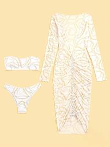 Chain Print Bandeau Bikini Set With Cover Up - White - View 3