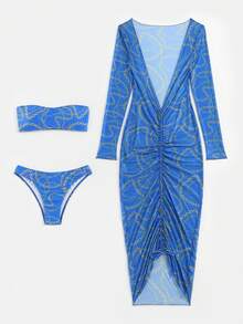 錬條圖案抹胸比基尼泳裝附罩衫 - 藍色 - 查看 6