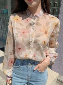 DAZY Floral Print Button Front Shirt Long Sleeve Top - Multicolor - View 8