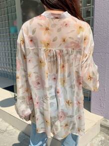 DAZY Floral Print Button Front Shirt Long Sleeve Top - Multicolor - View 2