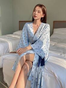 DAZY Áo choàng Nữ Thắt lưng Họa tiết hoa - Màu xanh lam - Xem 3