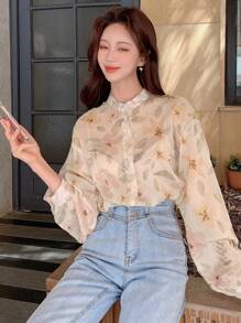 DAZY Floral Print Button Front Shirt Long Sleeve Top - Multicolor - View 7