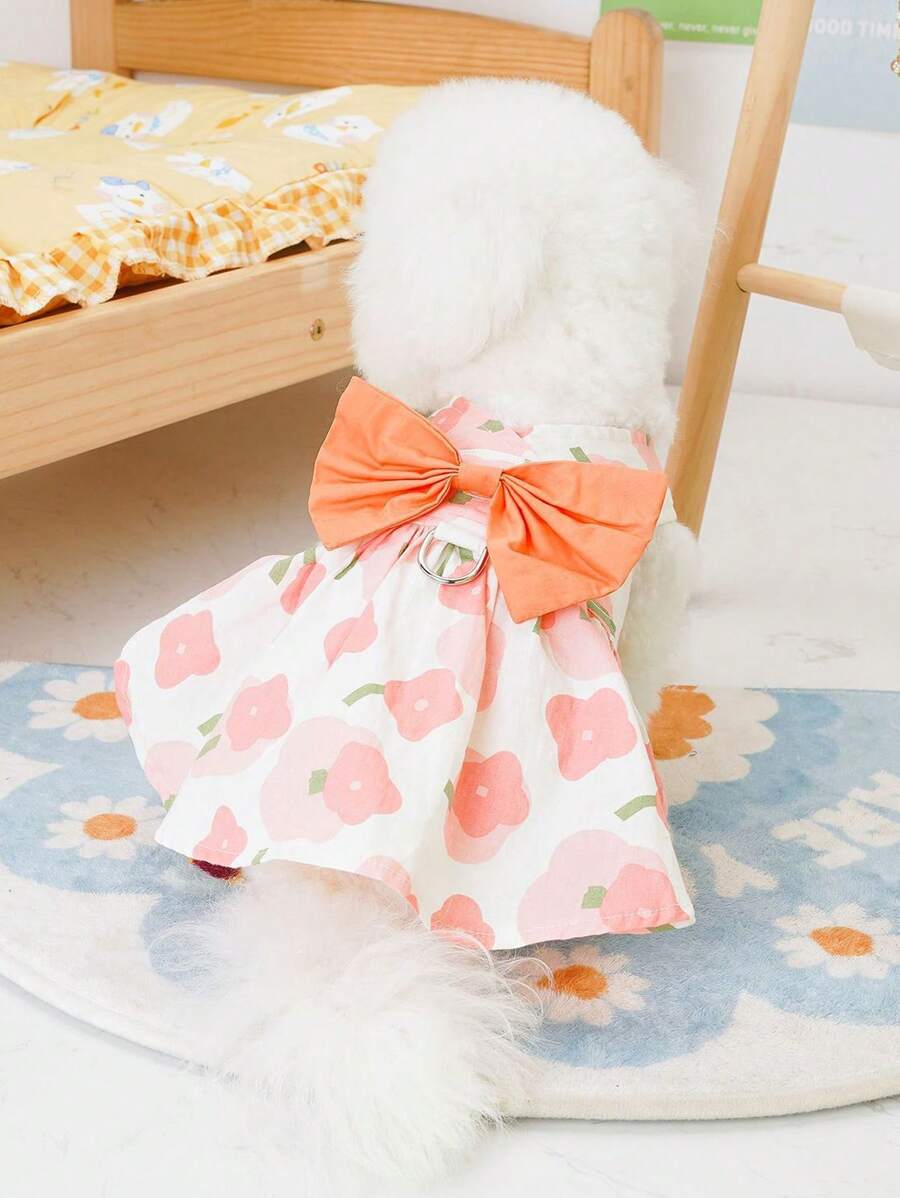 1入組印花蝴蝶結裝飾寵物連衣裙適用於狗狗和貓適合夏天 - 橘色 - 查看 1