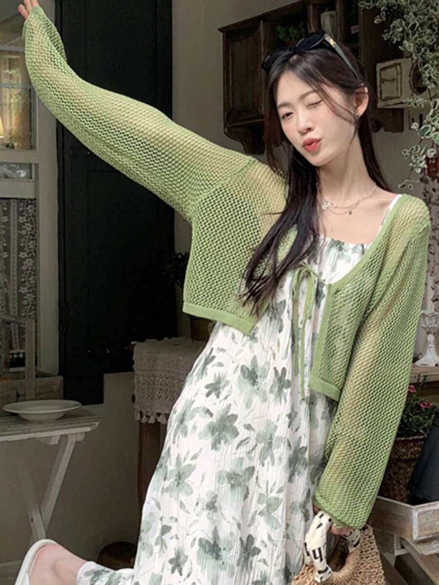 Nữ Cardigans Thắt nơ trước màu trơn Giải trí - Màu xanh chanh - Xem 1
