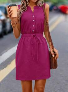 SHEIN LUNE Đầm Nút phía trước Dây kéo màu trơn Giải trí - Màu Hồng Tươi - Xem 3