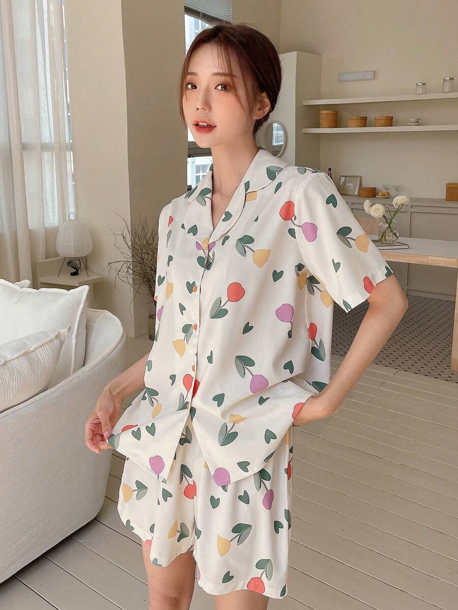 DAZY Floral Print Lapel Collar PJ Set - Apricot - View 1