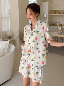 DAZY Floral Print Lapel Collar PJ Set - Apricot - View 4