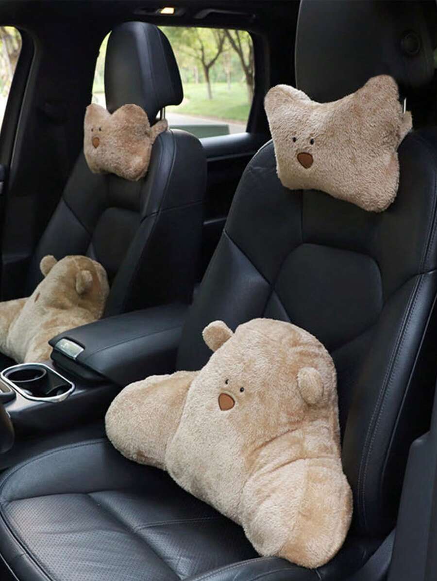 gối đầu + 1 gối hỗ trợ thắt lưng Phim hoạt hình gấu dễ thương gối đầu xe ô tô Bộ hỗ trợ thắt lưng gối cổ ô tô đệm ghế để giảm mệt mỏi vật tư trang trí nội thất Phụ kiện ô tô - màu nâu - Xem 1