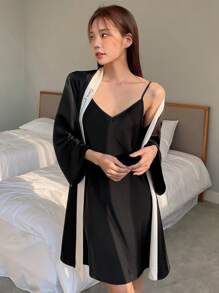 DAZY 拼接邊附腰帶睡袍和洋裝睡衣套裝 - 黑色 - 查看 2