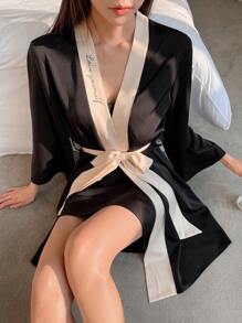 DAZY 拼接邊附腰帶睡袍和洋裝睡衣套裝 - 黑色 - 查看 6