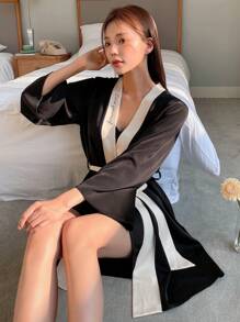 DAZY 拼接邊附腰帶睡袍和洋裝睡衣套裝 - 黑色 - 查看 8