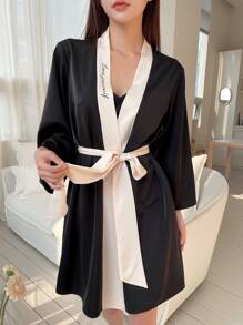 DAZY 拼接邊附腰帶睡袍和洋裝睡衣套裝 - 黑色 - 查看 9