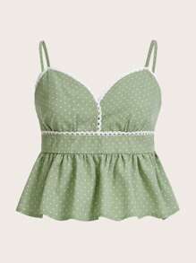 波卡圓點鏤空蕾絲花邊吊帶上衣 - 綠色 - 查看 1