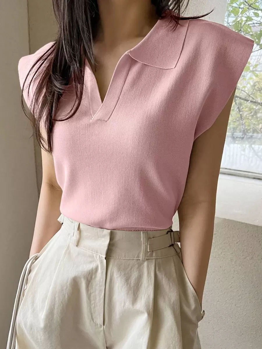 Dazy-Less 1 件女士纯色无袖休闲针织上衣老式风格商务休闲女士工作服 - 粉色 - 查看 1
