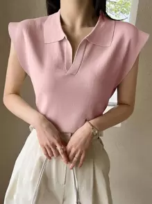 Dazy-Less 1 件女士纯色无袖休闲针织上衣老式风格商务休闲女士工作服 - 粉色 - 查看 5