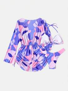 全身印花吊带三角比基尼套装搭配罩衫连体裤，适合夏季海滩度假 - 彩色 - 查看 4