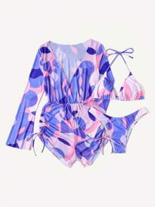 全身印花吊带三角比基尼套装搭配罩衫连体裤，适合夏季海滩度假 - 彩色 - 查看 6