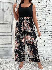 Breezaya 大碼印花腰帶無袖連體褲 - 彩色 - 查看 4