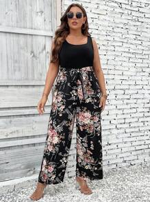 Breezaya 大碼印花腰帶無袖連體褲 - 彩色 - 查看 5