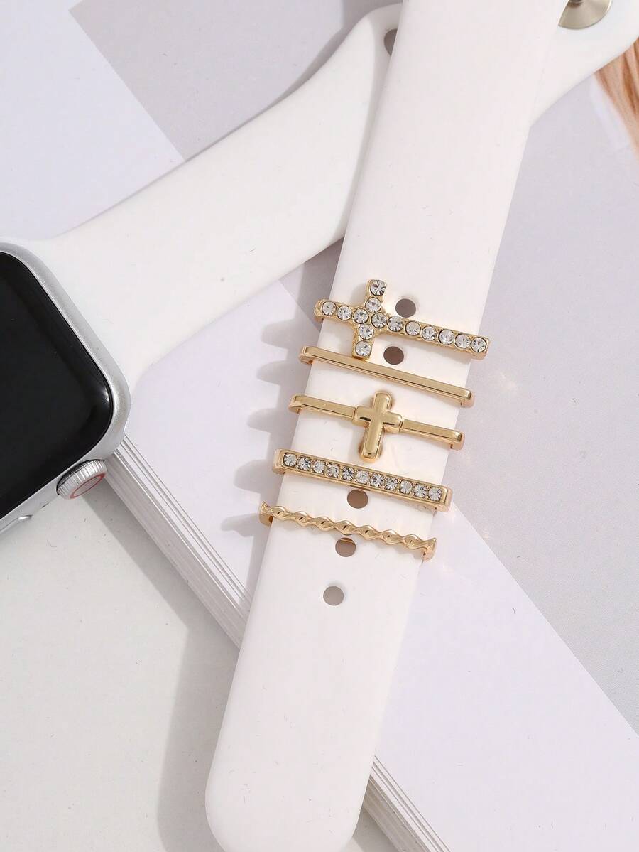 5 cái Rhinestone & Cross Decor Dây đeo đồng hồ bằng thép không gỉ Vòng trang trí - Vàng - Xem 1