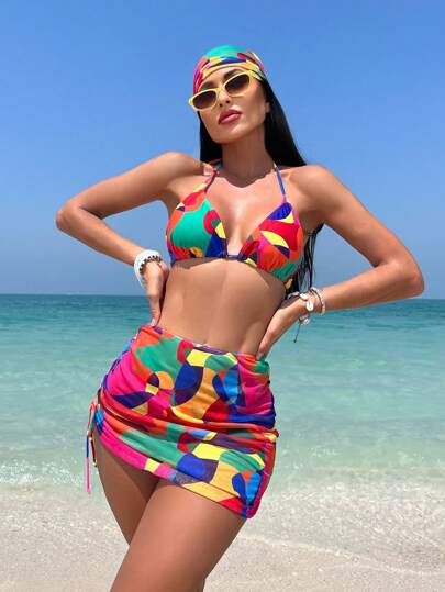Swim Vcay Traje de baño para mujer de verano, conjunto de bikini triángulo con estampado integral, con falda de playa y pañuelo