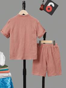 SHEIN 男孩半排扣襯衫和短褲 - 珊瑚粉 - 查看 2