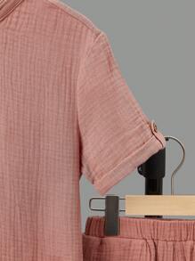 SHEIN 男孩半排扣襯衫和短褲 - 珊瑚粉 - 查看 3