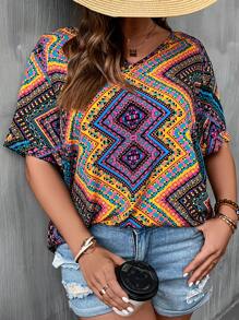 SHEIN LUNE Plus Scarf Print V Neck Blouse - Multicolor - View 1
