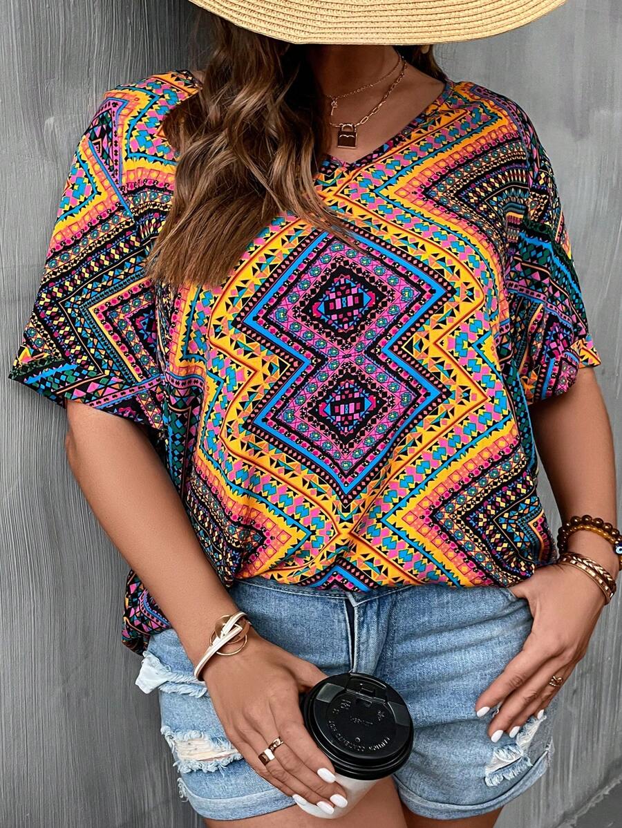 SHEIN LUNE Plus Scarf Print V Neck Blouse - Multicolor - View 1