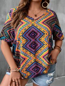 SHEIN LUNE Plus Scarf Print V Neck Blouse - Multicolor - View 3
