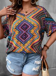 SHEIN LUNE Plus Scarf Print V Neck Blouse - Multicolor - View 4