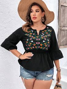 Mulvari 大碼花卉刺繡缺口領荷葉袖荷葉邊下擺襯衫 - 黑色 - 查看 6