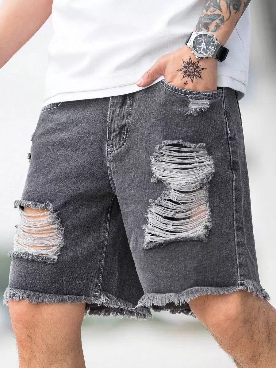 Manfinity Homme Men Cotton Ripped Raw Hem Denim Shorts Baggy Jorts Plain Dark Grey Going Out