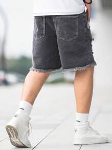 Manfinity Homme Men Cotton Ripped Raw Hem Denim Shorts Baggy Jorts Plain Dark Grey Going Out